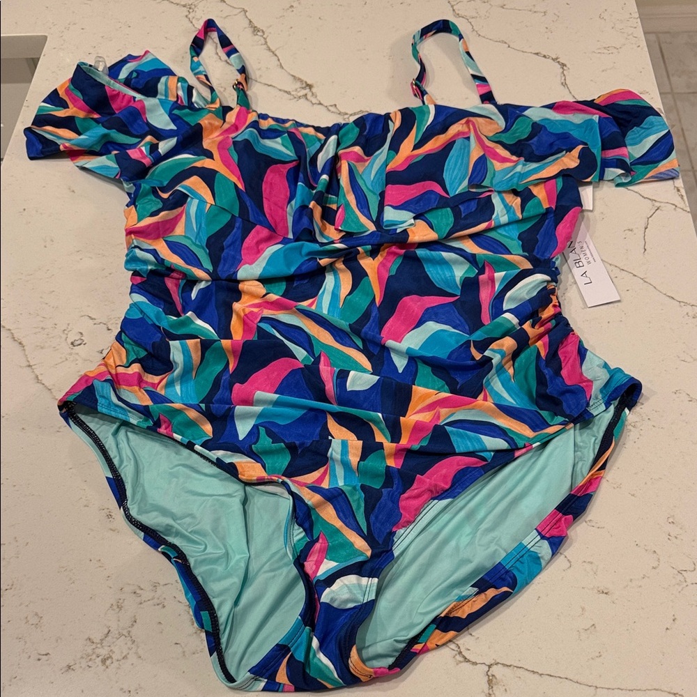 La Blanca Sz 22W One-Piece Swimsuit Bright Multicolor Geometric Off the Shoulder